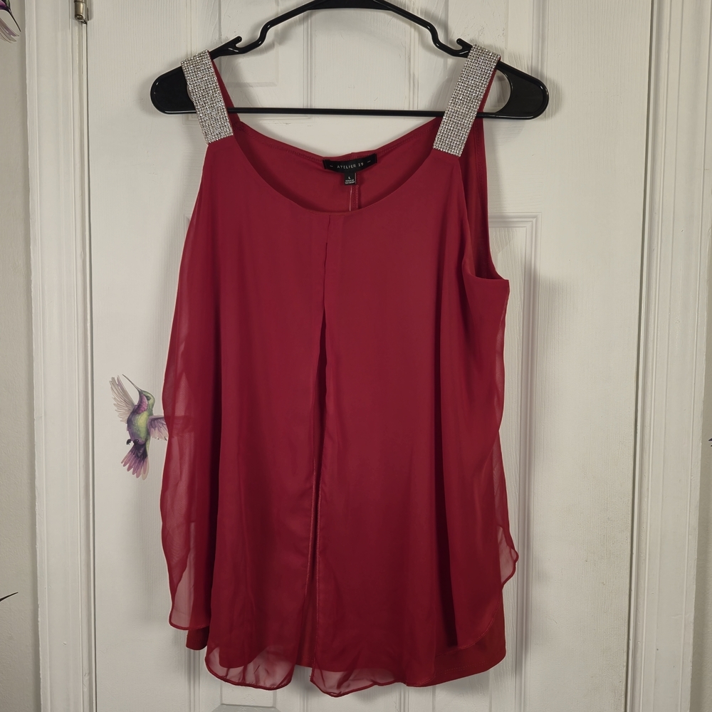 NWT Atelier 29 Red Rhinestone Strap Double Layer Tank Top Blouse L Festive